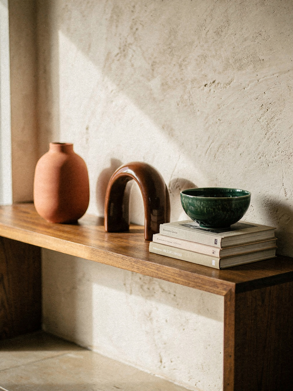 Estante decorada com vaso de terracota, escultura em arco e bowl verde