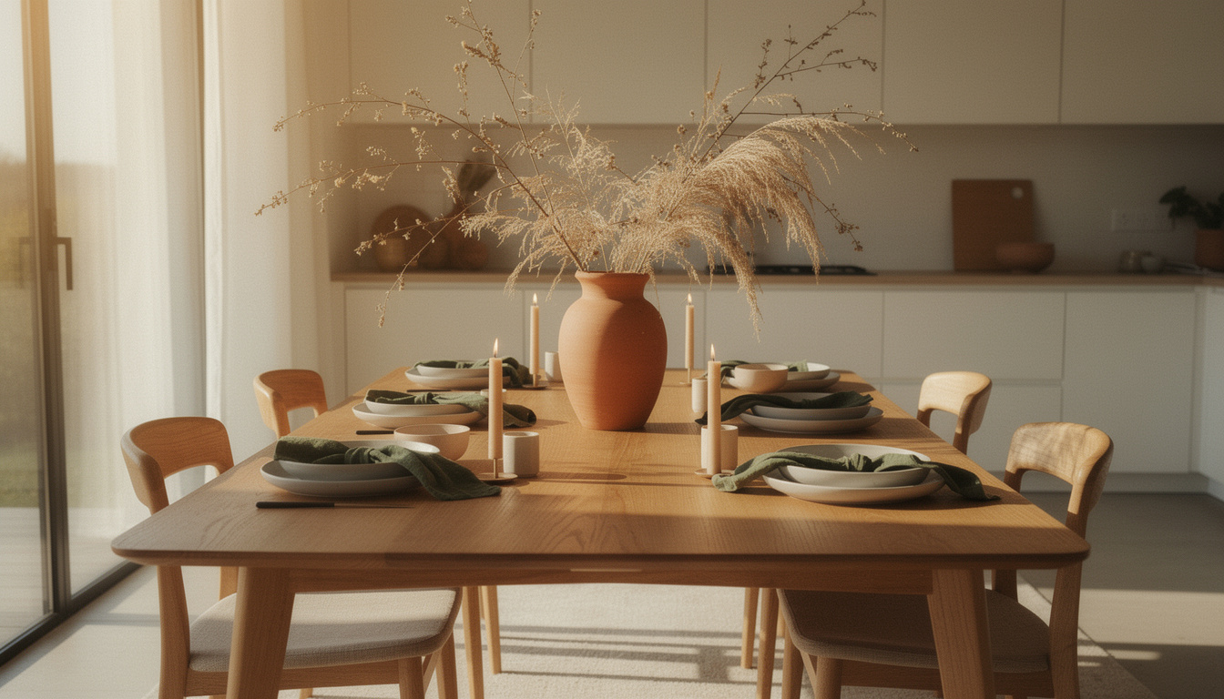 Ambiente de jantar com mesa posta completa e luz natural de fim de tarde