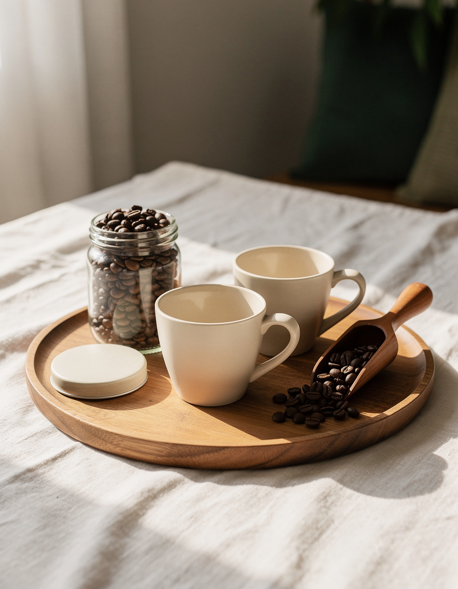 Kit de café com xícaras de espresso, pote de grãos e colher de madeira em bandeja